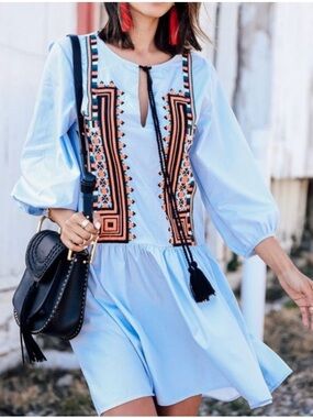 H&M Light Blue Embroidered Tassel Mini Dress